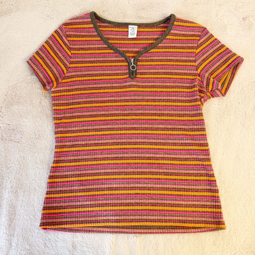 VINTAGE Regatta Pink and Orange Striped T-Shirt with Zipper Size Large